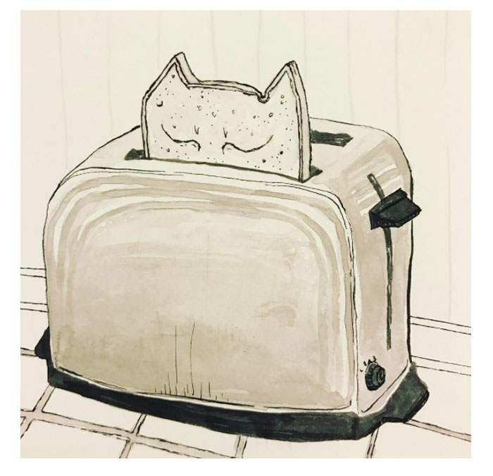 Toaster Cat, ink drawing, Anne Pennypacker